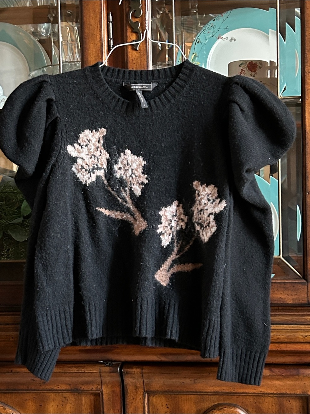 BCBGMaxAzria Black Crewneck Sweater with Pale Pink Floral Jacquard